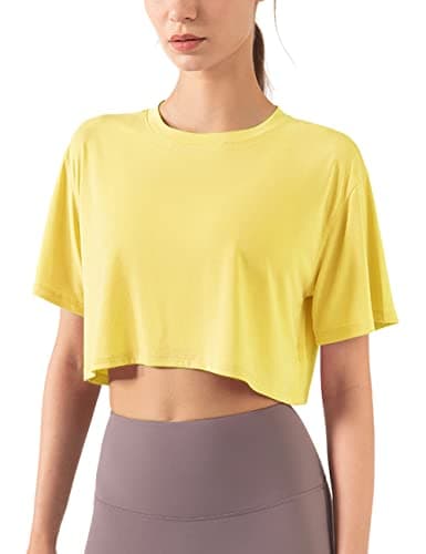 Image of Hanyomo Women's Fitness Workout Crop Tops Short Sleeve Yoga T-Shirts Athletic Running Sports Shirts Light Yellow M