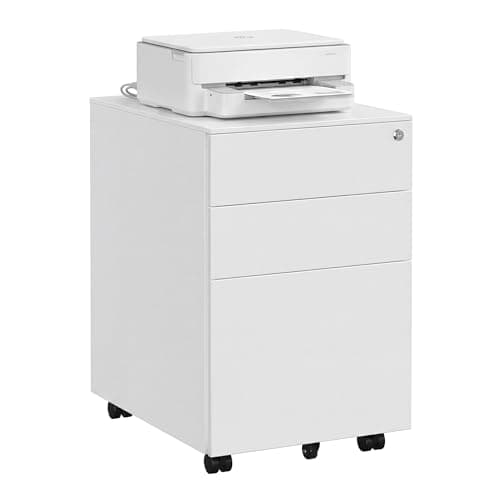 Image of SONGMICS Mobile File Cabinet with 3 Drawers Lockable Steel Pedestal with Suspension File Hanging Rails, Fully Assembled Except Casters, White OFC60WT