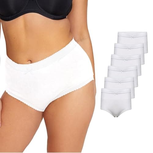 Image of Harte & Soul Women’s 100% Cotton 6 Pack Full Briefs – All White Soft Lace Trim Knickers | High-Waisted, Full Coverage Everyday Underwear (Sizes 10–24)