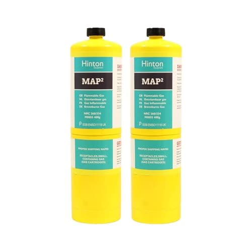 Image of Hinton MAP PRO Gas Cylinder 400g - Pack of 2 | MAPP Gas Bottle for Blowtorch, Plumbing, Brazing, Soldering & Heating | CGA600 Propylene Torch Fuel