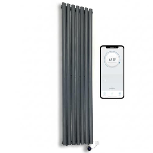 Image of Greened House WiFi Smart Electric Radiator 1600 H x 420 w Anthracite Oval Tube Single Panel Vertical Tall Column Radiator 7 Day Programmable Timer App Compatibility