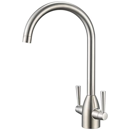 Image of Hapilife Brushed Steel Kitchen Tap Dual Lever Monobloc 37CM Tall Kitchen Mixer Taps 1 Hole High Arc Sink Taps Mixer 360 Swivel Spout Mono Hot and Cold Water Faucet Brass Brushed Nickel Modern Design