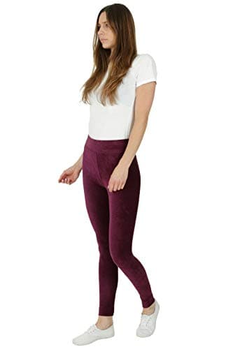 Image of Ladies Pull on High Waist Soft Cotton Velour Corduroy Cord Leggings Berry 12 Short