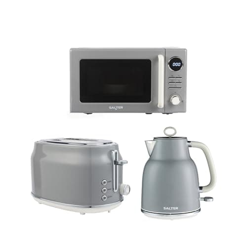 Image of Salter Retro Grey Kettle, Toaster & Microwave Set – 1.7L Rapid Boil Kettle, 2-Slice Toaster, 6 Browning Levels, Safety Features, 20L Digital Microwave with 8 Auto Cook Presets, 25.5 cm Glass Turntable