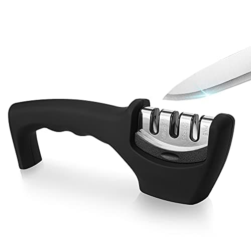 Image of Ooputo Kitchen Knife Sharpener - Professional 3 Stage Manual Sharpeners - Ergonomic Handle and Non-Slip Base - Safe Sharpening Tool - Easily Honing Knives in a Breeze, Black.
