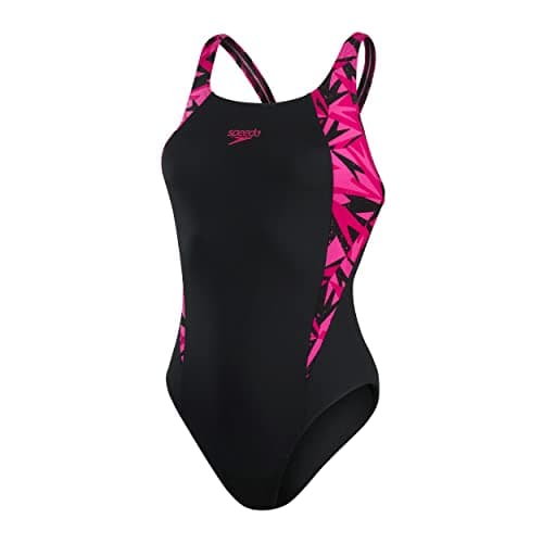 Image of Speedo Women's Hyperboom Splice Muscleback Swimsuit | Classic Design | Quick Drying | Training | Fitness | Chlorine Resistant Swimwear, Hyper Black/Elec Pnk/Ecstatic, 28