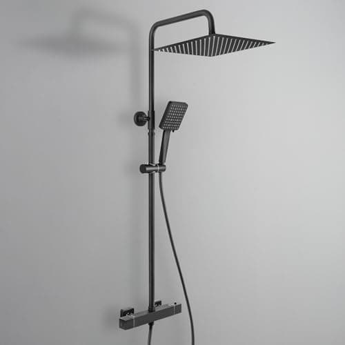Image of DERW Thermostatic Shower Mixer Set with 12" Square Rainfall Shower Head(304 Stainless Steel), 6 Modes Square Shower Head with Rotating Bracket, Anti-Leak Hose, Anti-Scald,Easy Install (Black)