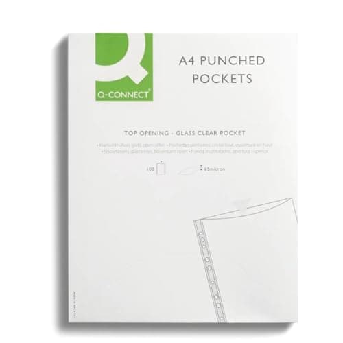 Image of Q-Connect Delux Punched Pocket Top Opening Green Strip A4 Clear (Pack of 100)