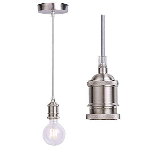 Image of JING Vintage Pendant Light Fitting, Industrial Stain Nickel Ceiling Rose ,Braided Flex E27 Lamp Holder,Suspended Ceiling Pendant Light Fitting -Satin Nickel