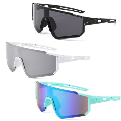 Image of KxrTpx 3-Pack Boys' UV Protection Sunglasses, Outdoor Sports Glasses for Cycling and Running, Featuring Three Different Frame Designs in Black, Blue and White