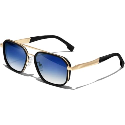 Image of KANASTAL Sunglasses Mens Gradient Blue Womens Square Polarised Ladies Classic Retro Vintage Wide Metal Driving Business UV400 Protection - Gold Frame Blue Lens