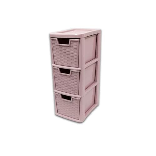 Image of Khanary Pink Rattan Style Plastic Storage Drawers 3 Tier – Medium Space Saving Unit for Bedroom Bathroom Office Garage School– Compact Clothes Toy Makeup Stationery Arts Organiser 48x19x25 cm