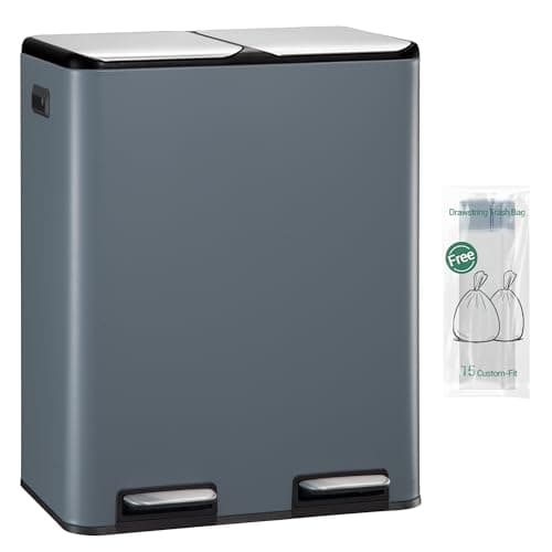 Image of Hzuaneri Kitchen Bin, (2 x 30L) 60L Recycling Bins, Pedal Bin with Lid, Stainless Steel Kitchen Bins Recycling and Waste, Silent Slow-Down Closing Lid, With 15 Exclusive Trash Bags, Grey SW06099G