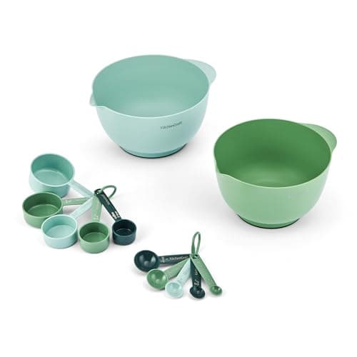 Image of KitchenCraft 12-Piece Mixing Bowl & Measuring Set, 2 Stackable Mixing Bowls, 5 Measuring Cups and 5 Measuring Spoons, Green and Blue, Space-Saving Kitchen Prep Set for Cooking and Baking