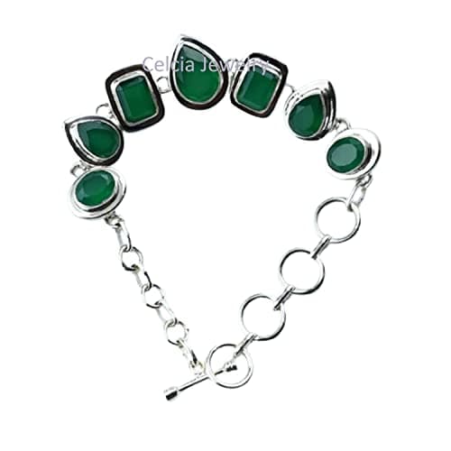 Image of 925 Sterling Silver Bracelet for Men, Women, Unisex, Natural Green Onyx Bracelet Gemstone Unique Handcrafted Bracelet for Her or Him