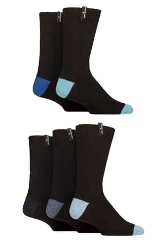 Image of Jeff Banks Men's Wool Boot Socks - Recycled Wool, Plain, Outdoor, Walking, Hiking, Trekking, Crew Length, Warm, Durable, 5 Pair Multipack Size 7-11 Black/Blue