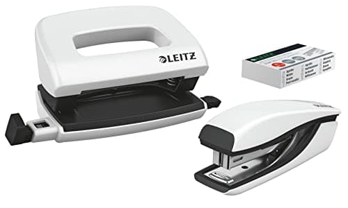 Image of Leitz 55612001 Mini Stapler and Hole Punch Set, Staple or Punch Up to 10 Sheets, Includes P2 N°10 Staples, WOW Range, Pearl White