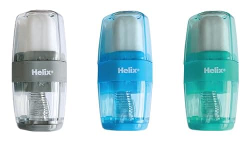 Image of Helix Duo Pencil Sharpener and Eraser - One Hole Sharpener - Protective Cover For Eraser - Canister to Collect Pencil Shavings - Soft Touch Material - Assorted Colours