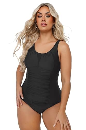 Image of Yours Curve Ruched Mesh Panel Tummy Control Costume One Piece Swimsuit with Built in Bust Support- Women's - Plus Size Curve Black 26