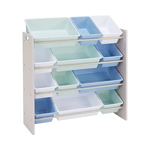 Image of Amazon Basics Kids’ Toy 4 Shelf Storage Organiser With 12 Plastic Bins, Grey Wood With Blue Bins, 86 D x 32.5 W x 90 H cm