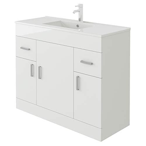 Image of VeeBath VUMW100 Sphinx High Gloss White Free Standing Basin Vanity Cabinet Unit & Rectangular Sink - 1000mm
