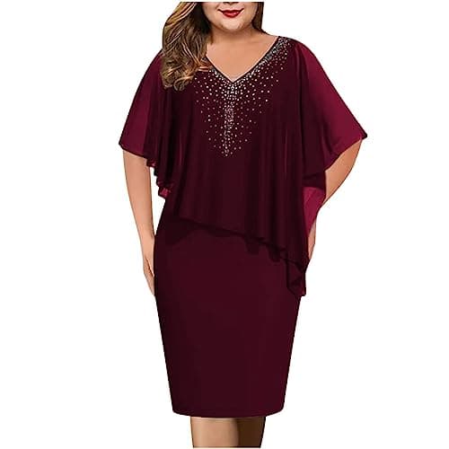 Image of Zeiayuas Women's Wine Mixed (Sequin & Velvet) Cocktail Midi Dress Plus Size High Waist V-Neck Long Sleeve Adult Women Dress