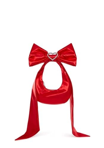 Image of Dolls Kill Lady Royal Shoulder Bag by Sugar Thrillz – Satin Purse with Rhinestone Ribbon Handle & Heart Accent, One Size, Red, One Size
