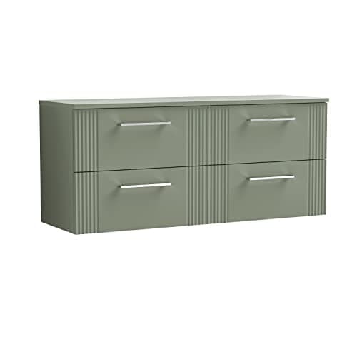 Image of nuie DPF893W2 Deco Modern Bathroom Wall Hung 4 Drawer Part Fluted Vanity Basin Unit with Double Worktop, 1200mm, Satin Green