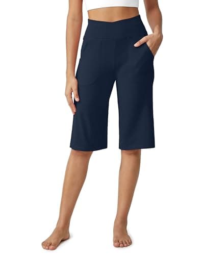 Image of G4Free Cropped Trousers for Women UK Knee Length Shorts Wide Leg Yoga Pants with Pockets High Waist Ladies Capri Stretch Summer Casual Pants(Dark Navy,L,14")