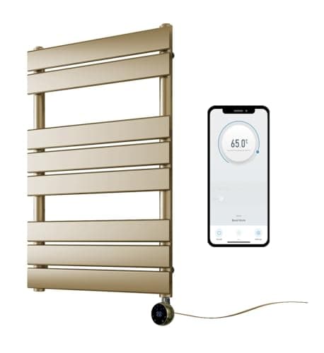 Image of Greened House Richmond Electric Smart WiFi Controlled Heated Towel Rail Flat 7 Day Programmable Timer App Compatibility (Brushed Brass, 400mm W x 800mm H)