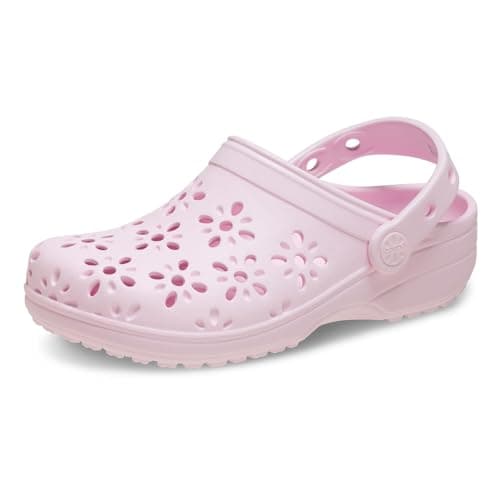 Image of Crocs Unisex-Child Classic Clogs with Floral Cut Out Design, Kids and Toddler Shoes, Pink Milk, 2 UK