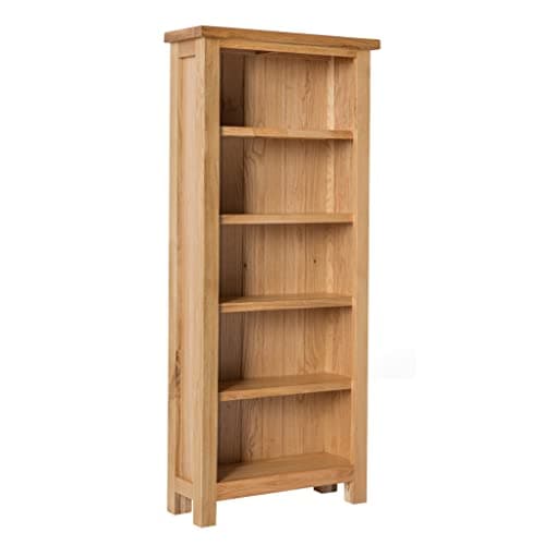 Image of RoselandFurniture London Oak Slim Bookcase Tall Narrow Solid Wood Bookshelf with 5 Display Shelves for Living Room or Office