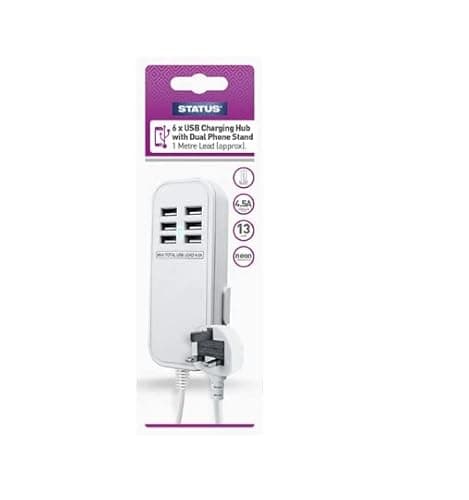 Image of STATUS Extension USB Charging Hub | 6 x USB Charging Hub | White 4.5 amp | 1 Meter Extension Lead | A6USB1MTRWH1PKB3