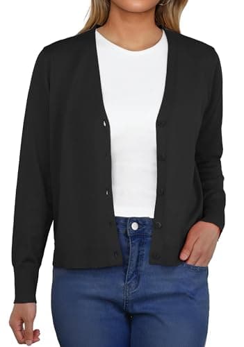 Image of GRECERELLE Women's Lightweight Cardigan Jumper V-Neck Long Sleeve Casual Ladies Cardigans with Buttons Knitwear for Summer Evening (Black, M)