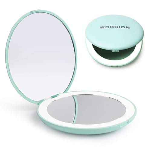 Image of WOBSION Compact Mirror with Light, 1x/10x Magnifying Travel Makeup Mirror, LED Pocket Mirrors for Purse and Handbag, Handheld 2-Sided Small Folding Mirrors, Round, Cyan
