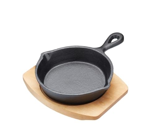 Image of Artesà Small Frying Pan, Cast Iron, Non Stick, with Wooden Serving Board, Grill Pan Sizzle Skillet with Stand, for Fajitas, BBQ, Omelette, Tapas and Desserts, 13cm diameter