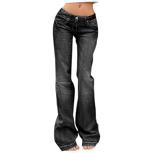 Image of Bootcut Jeans for Women Petite Low Rise Straight Wide Leg Flared Jeans Button Fly Vintage Baggy Loose Fit Bell Bottom Denim Trousers with Pockets,Black,M