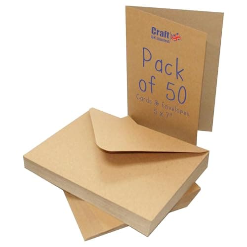 Image of Craft UK, 50 Blank Cards and Envelopes for Card Making, Made in the UK, Lasting Quality, Brown Kraft, 5 x 7-Inch