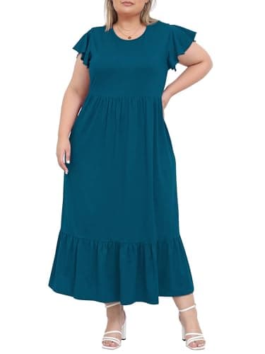 Image of Moon Wood Summer Dresses for Women Crew Neck Ruffle Sleeve Curvy Long Dress with Pockets Plus Size Blue 2XL
