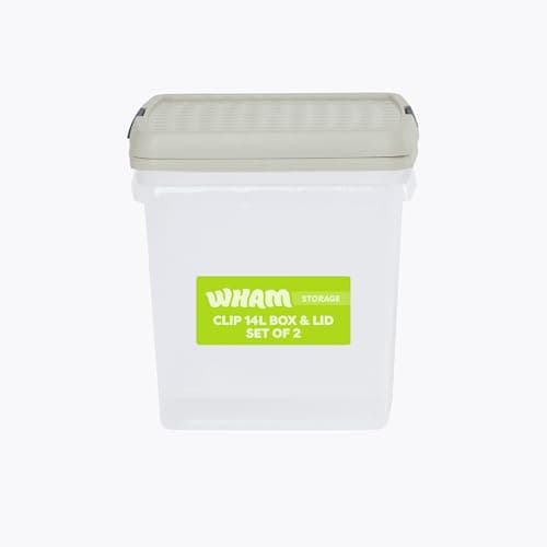Image of Wham Clip 2 x 14L Square Stackable Plastic Storage Boxes with Lids | Ideal for Home, Office, Toys & More | Storage Containers with Clip Locks | Made in UK - Clear/Stone