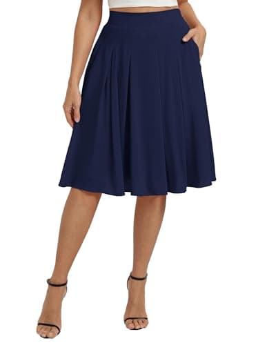 Image of Belle Poque Midi Skirts for Women UK High Waisted A-Line Pleated Skirt Flowy Casua with Pockets Navy Blue L