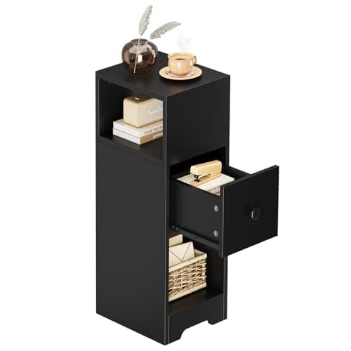 Image of Dripex Slim Bedside Table, Narrow Bedside Cabinet with Storage Drawer, Wooden End Table Space Saving, 4 Tier Nightstand for Bedroom, Living Room, Balcony or Office (Black)