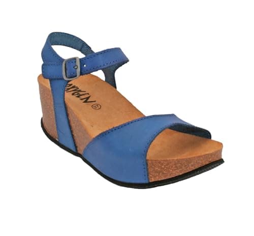 Image of Oxygen Leather Wedge Footbed Sandal MALAGA PETROL BLUE (Petrol, UK Footwear Size System, Adult, Women, Numeric, Medium, 6)