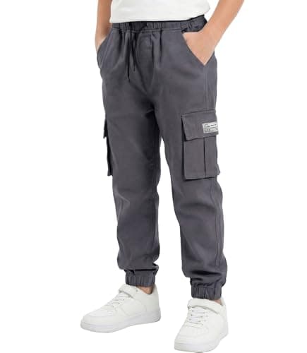 Image of LAUSONS Boys Cargo Trousers for Kids Joggers Pants Elastic Waist Casual with Multi Pockets Grey 14-16 Years