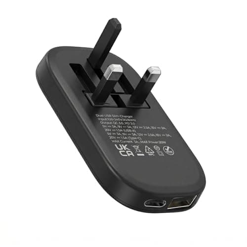 Image of Ultra Slim 30W Dual Port Fast Charger Plug, Black, USB C PD & USB A QC 3.0, UK Foldable 3 Pin Wall Adapter