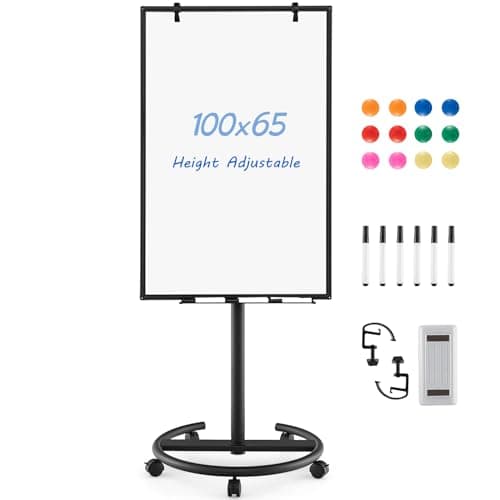 Image of CASART Flip Chart White Board, Height Adjustable Dry Erase Board with Stand, Eraser, Magnets & Paper Clips, 100 x 65 CM Mobile Magnetic Whiteboard for Home Office Classroom (Black)