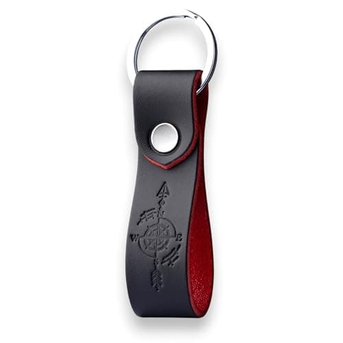 Image of MAGOR Full Grain Leather Keyring, Elegant Black Key Ring with Red Interior, Car and Home Keychain, Hot Embossed Design, Personalised Premium Gift for Him or Her (Compass)