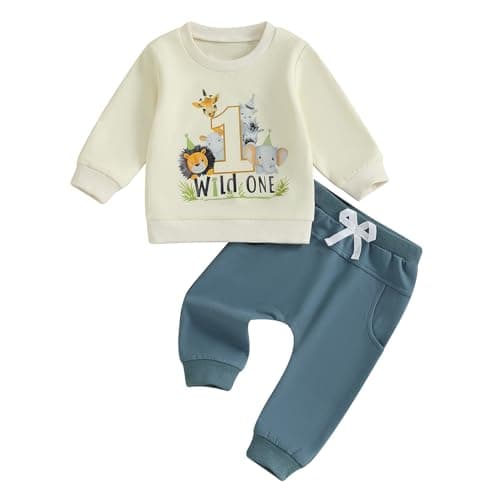 Image of Carolilly Toddler Baby Boys First Birthday Outfits Long Sleeve Sweatshirts Tops Pullover Animal Letters Print with Sweatpants Sets 2Pcs Baby Boys Tracksuits Birthday Gift (Multicolour, 12-18 Months)