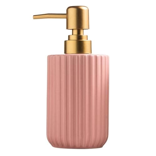Image of Chic Cylinder-Shaped Soap Dispenser, Vertical Stripe Design with Gold Pump, Ceramic Lotion Dispenser(Pink)