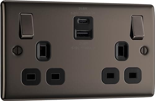 Image of BG Electrical 22W Double Switched Power Wall Plug Socket with Fast Charge USB A and USB C Charging Ports, Nexus Metal, Black Nickel, 13A, NBN22UAC22B
